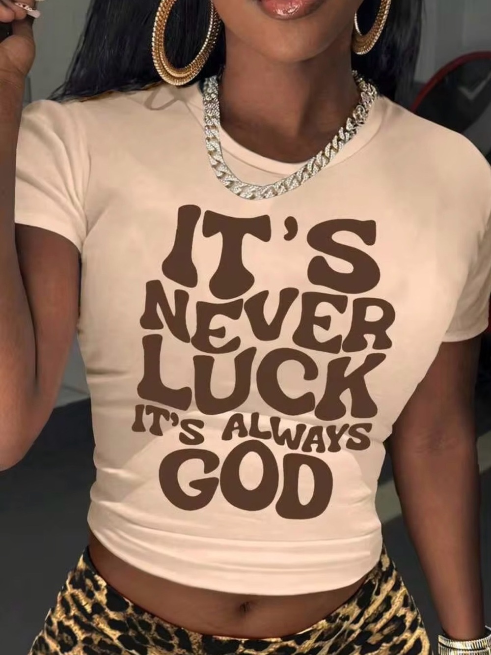 Faith Graphic Crop Tee - Beige with Brown Print